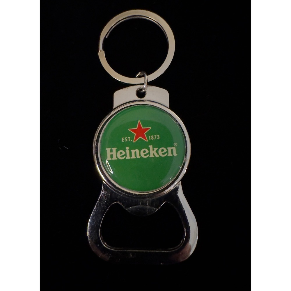 Heineken Beer Bottle Opener Keychain Silver Tone Metal Green Logo Red Star 3.75"